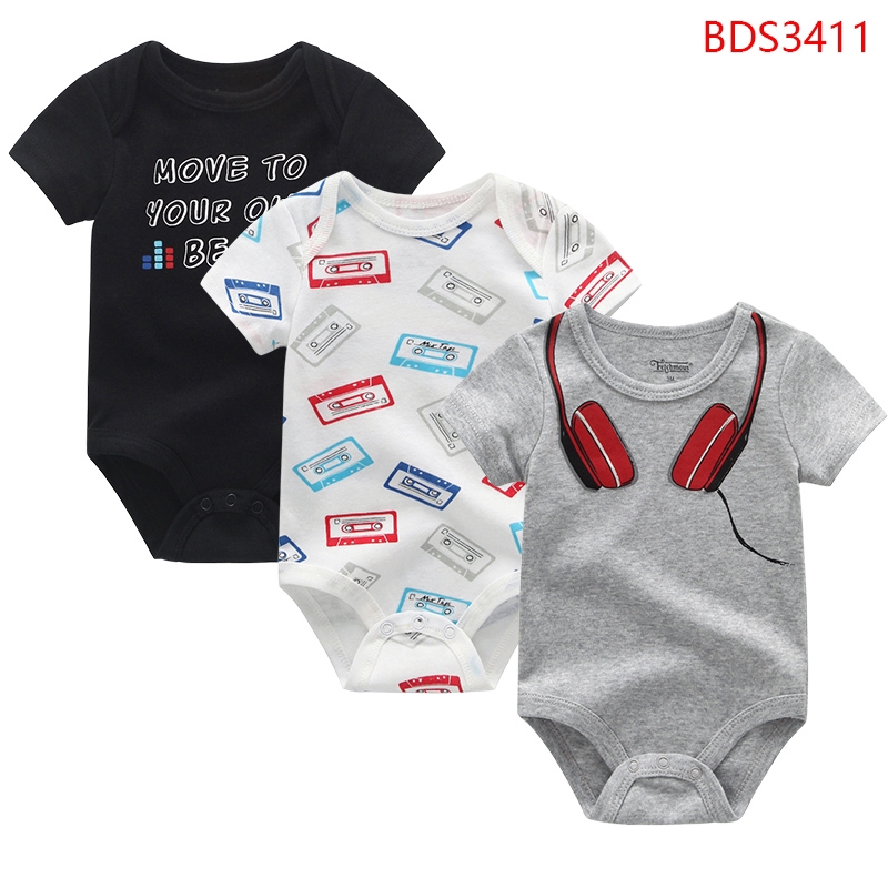 Bộ 3 áo liền quần bằng cotton họa tiết hoạt hình đáng yêu cho bé gái