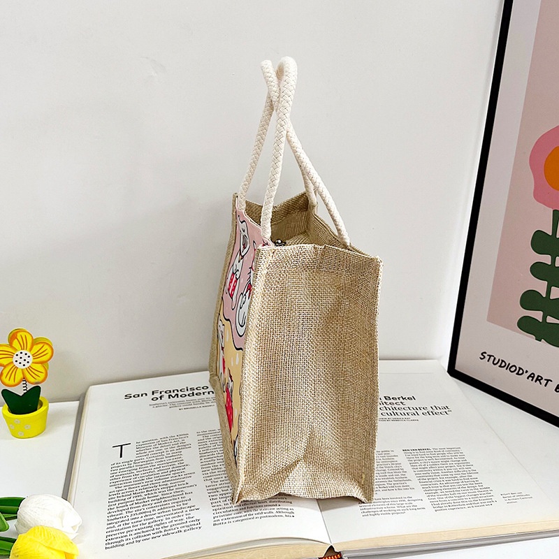 Túi Xách Đựng Hộp Cơm Trưa Vải Lanh Cotton Lanh In Hoạt Hình Dễ Thương