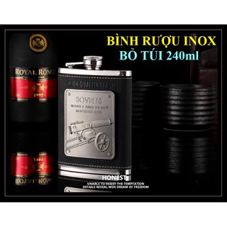 Bình inox đựng rượu Honest 8oz bọc da, logo khắc súng máy Soviet (dung tích 240ml)