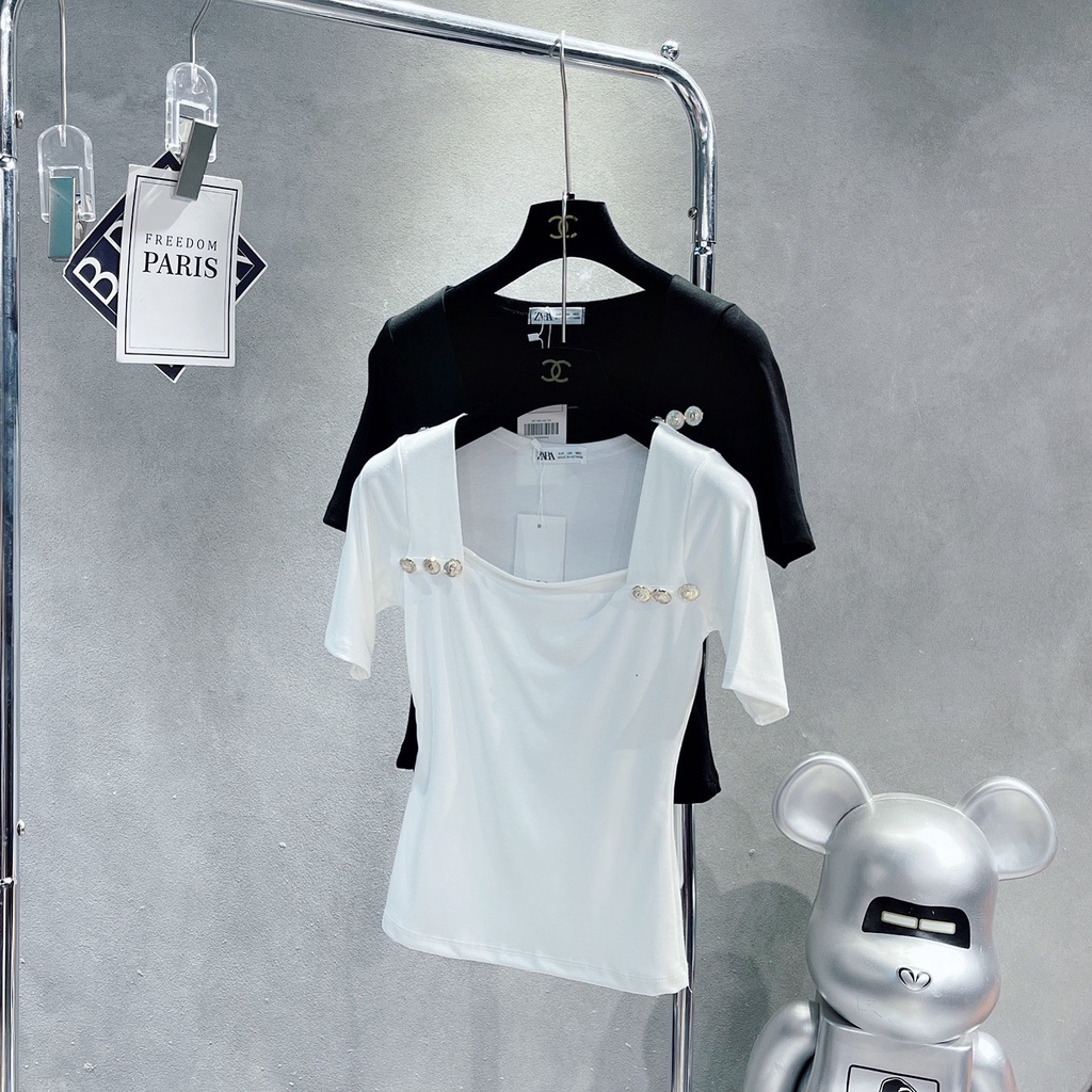 Áo Phông Cổ Vuông Cúc Ngực Chất Cotton Dẻo Lên Dáng Sang Chảnh Dễ Mix Đồ 153