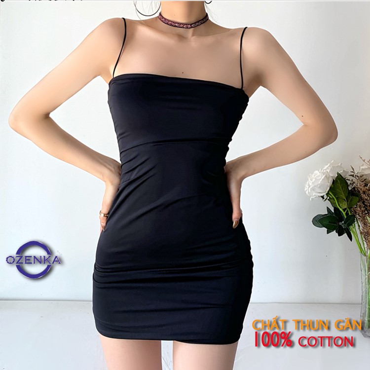 Váy 2 dây ôm body sợi bún sexy dự tiệc chất thun gân OZENKA ,  đầm ngắn gợi cảm đẹp mát màu đen trắng size dưới 52 kg