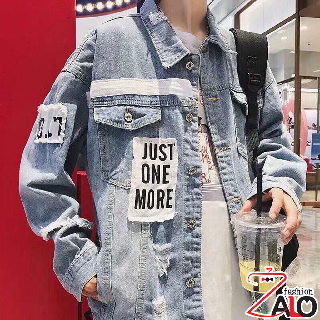 Áo Khoác Jean Nam Demin Rách Đấp Chữ Cao Cấp (6 Túi) AKJ17 Unisex