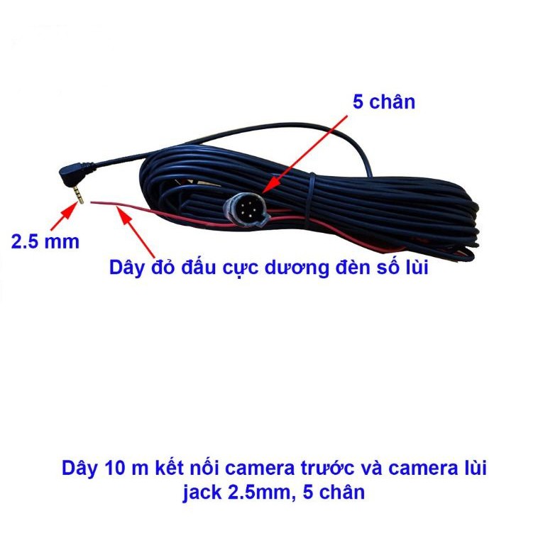 Dây 10m cấp tín hiệu cho camera lùi nối với hành trình, 5 chân, jack 2.5mm