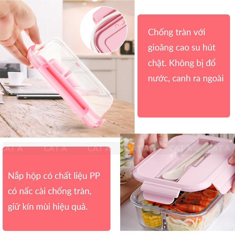 Hộp Cơm Văn phòng Thủy Tinh ❤️RẺ VÔ ĐỊCH❤️ hình chữ nhật 3 Ngăn Dung Tích 1050ml Cao Cấp
