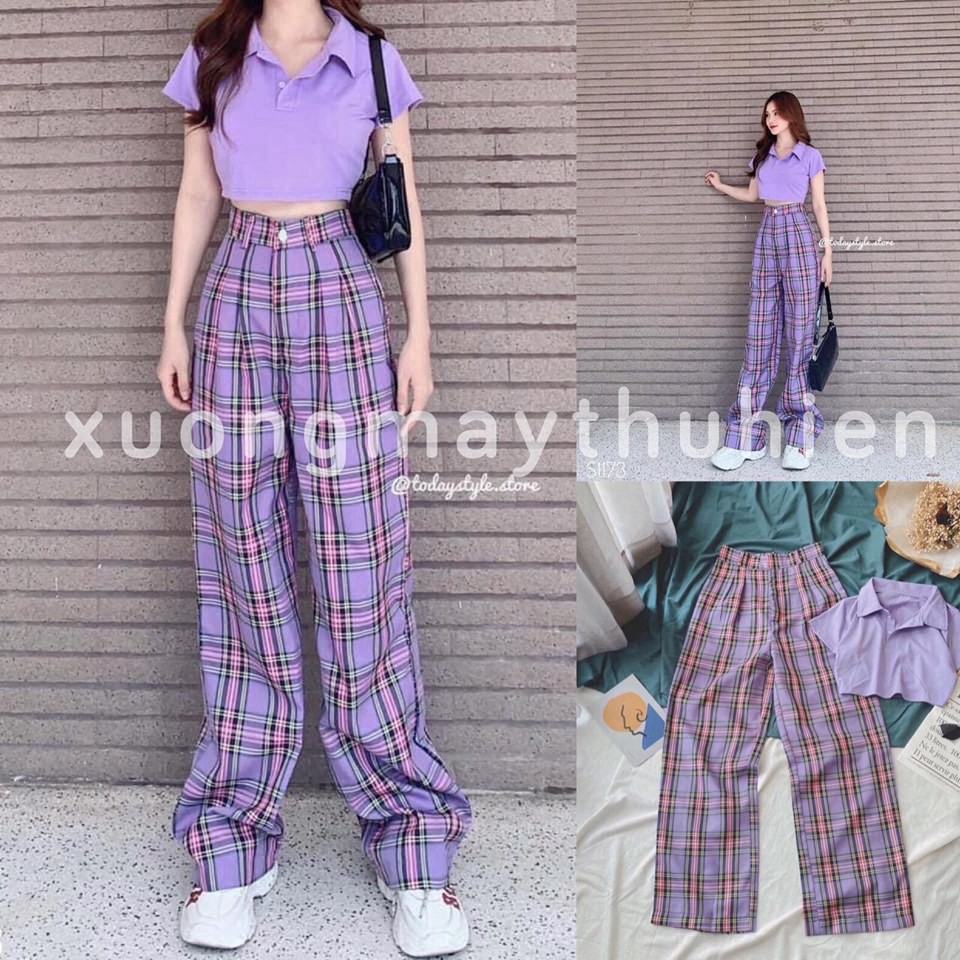 [Mã FAXANH245 giảm 10K đơn 50K] Set áo croptop polo cổ bẻ và quần suông caro tím ống rộng cạp cao quần cá tính | BigBuy360 - bigbuy360.vn