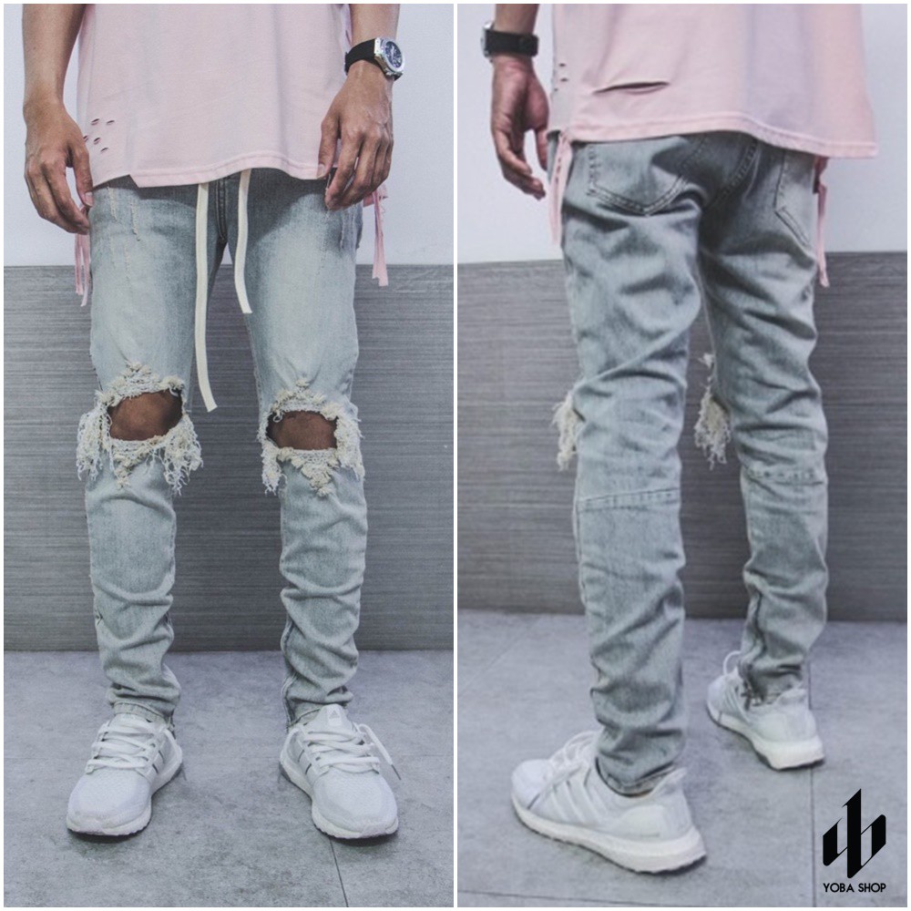 QUẦN JEAN XANH SKINNY ZIPPER RÁCH GỐI WASH SÁNG [TẶNG KÈM DÂY]
