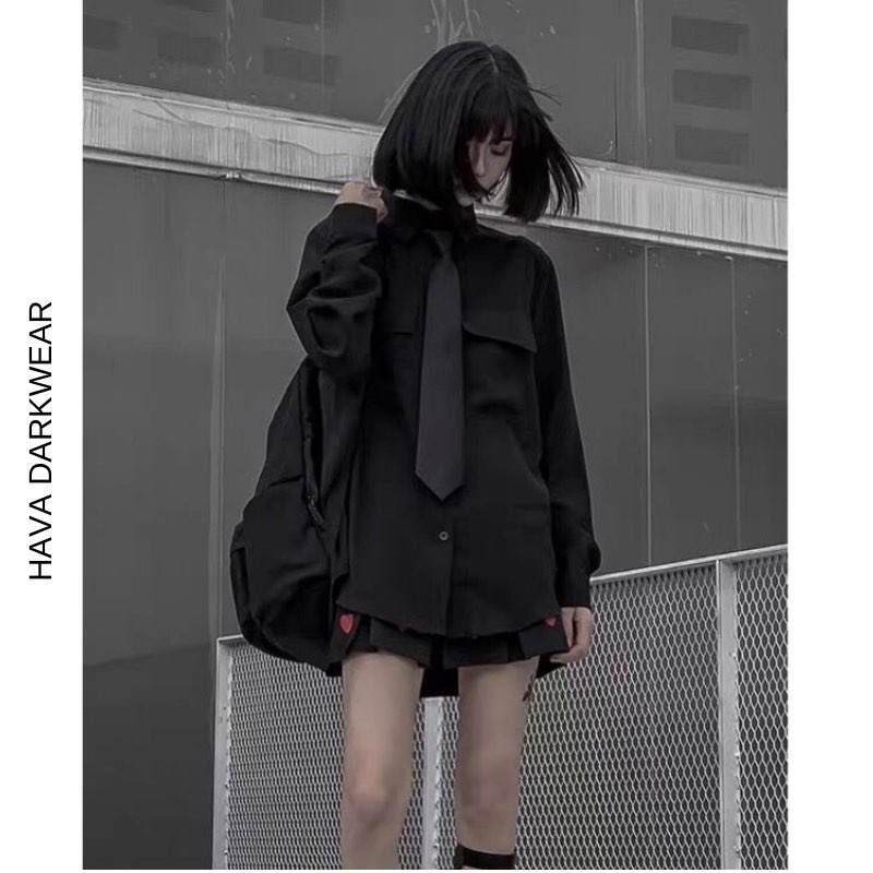 ASM06 Áo sơ mi đen dáng oversize form dài rộng kèm cavat cá tính chất mềm mát
