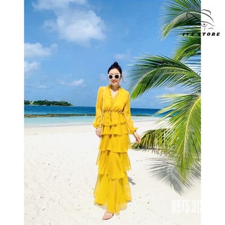 Đầm Bèo Tầng, Váy Maxi Đi Biển V644, Chất Voan Mềm Mát, Mầu Vàng, Tuyệt Phẩm Cho Tín Đồ Sống Ảo, Mẫu Siêu Hot  Hè 2021