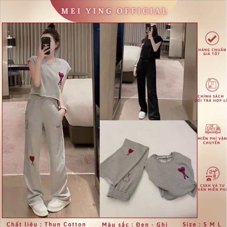 Set Bộ Đồ Nữ Áo Croptop Cộc Tay Mix Quần Ống Suông Rộng
