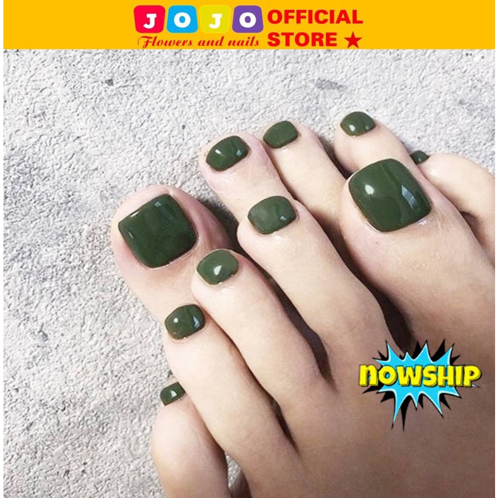 set 24 móng chân giả màu xanh rêu J71 Jojo móng giả móng úp sơn trơn bóng rẻ thời trang