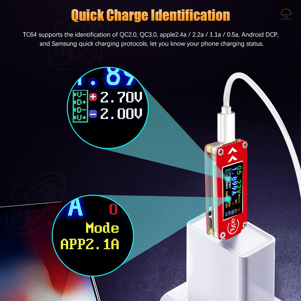 Usb Đo Vôn Kế / Ampe Kế TC64 Type-C Có Màn Hình LCD Màu Sắc