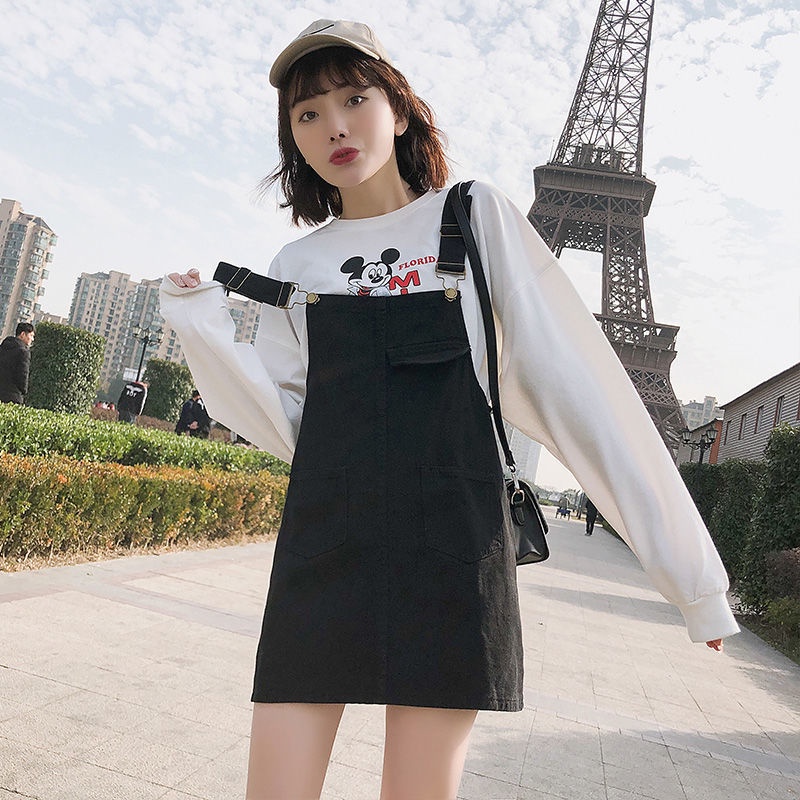 Đầm Yếm Denim Đen Dáng Rộng Phong Cách Hàn Quốc Thời Trang Xuân Hè Cho Nữ