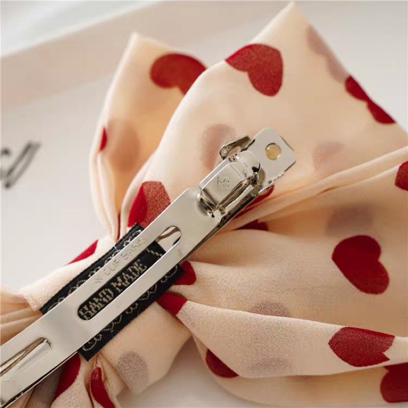 Kẹp tóc nơ ribbon Tiểu thư siêu xinh hoạ tiết tim