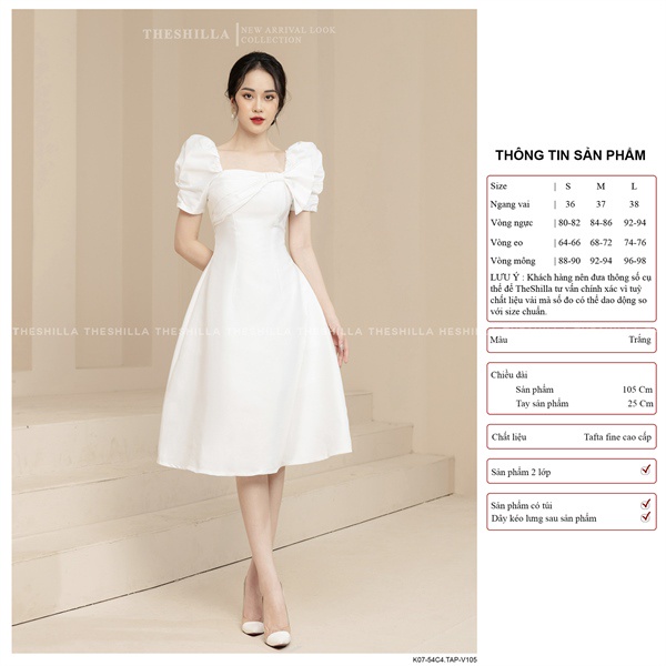 Váy thiết kế cao cấp màu trắng tay phồng xoắn nơ ngực form dài sang trọng  The Shilla - K07-54C0