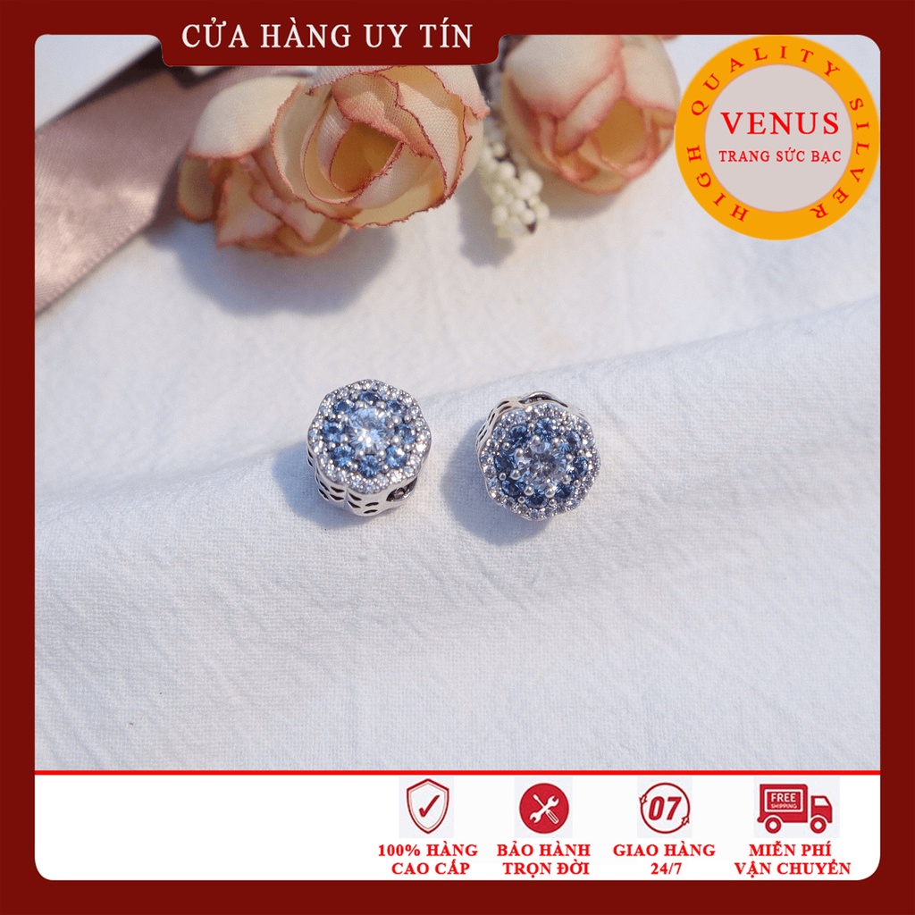 [Charm bạc 925 cao cấp] Charm bạc hình trụ mặt gắn đá xanh trắng- Mã sản phẩm VENUSTDX