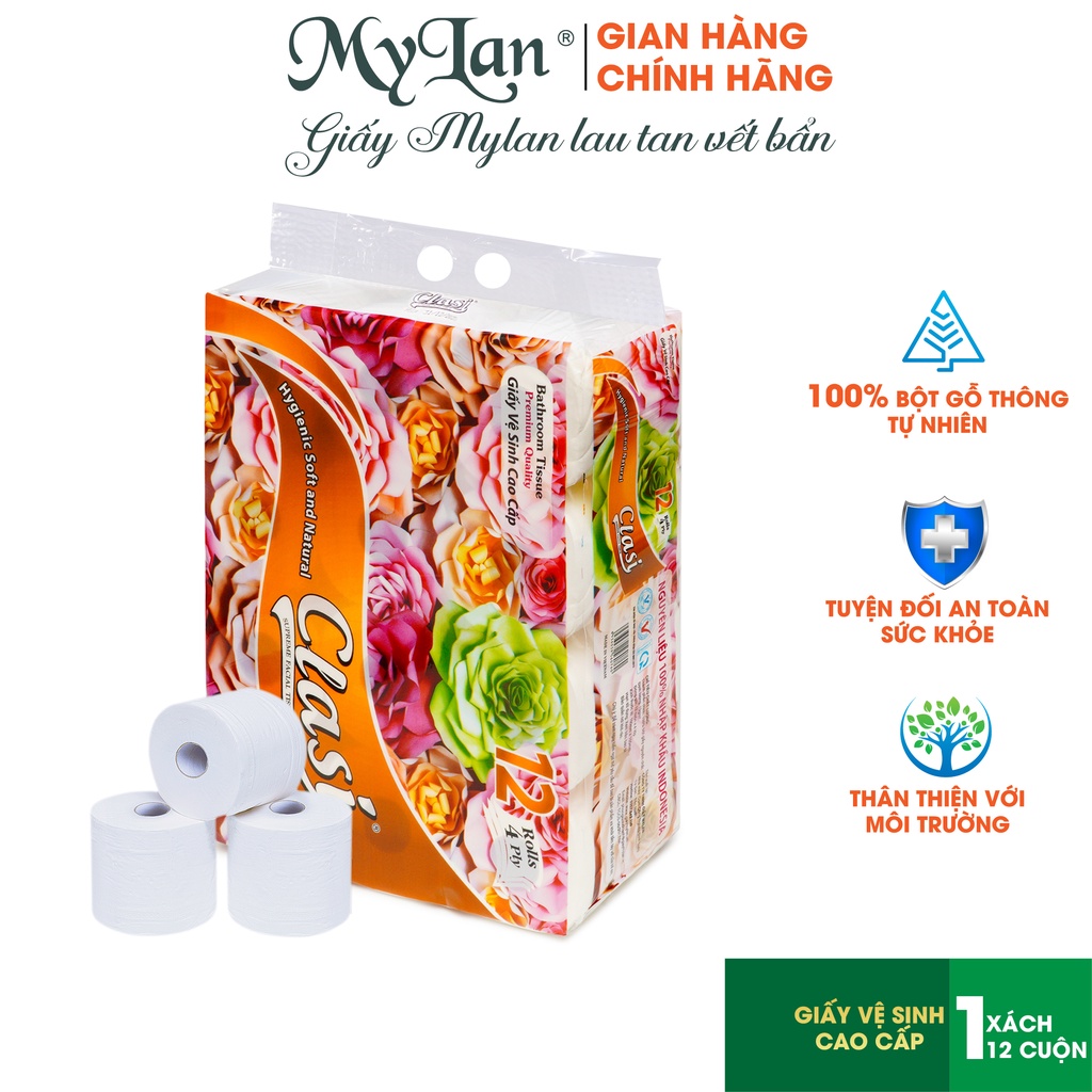 Giấy Vệ Sinh Clasi Hoa Hồng 4 Lớp Mylan (12 Cuộn/1.7kg/Xách) siêu dai, mềm mịn, tan nhanh trong nước