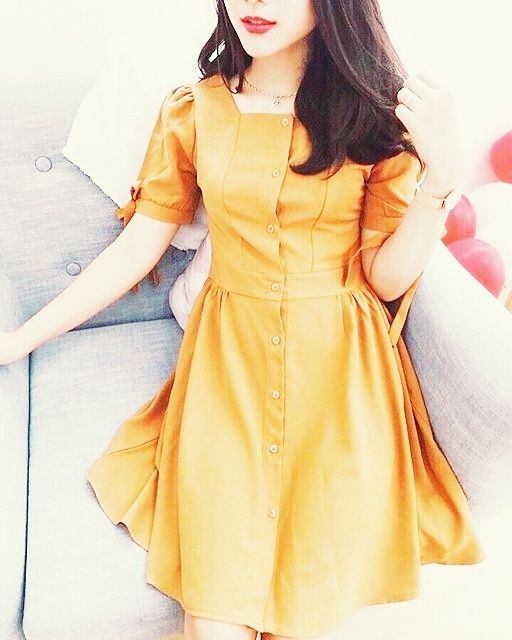 Đầm cổ vuông tay nơ (có 2 màu, ảnh thật)