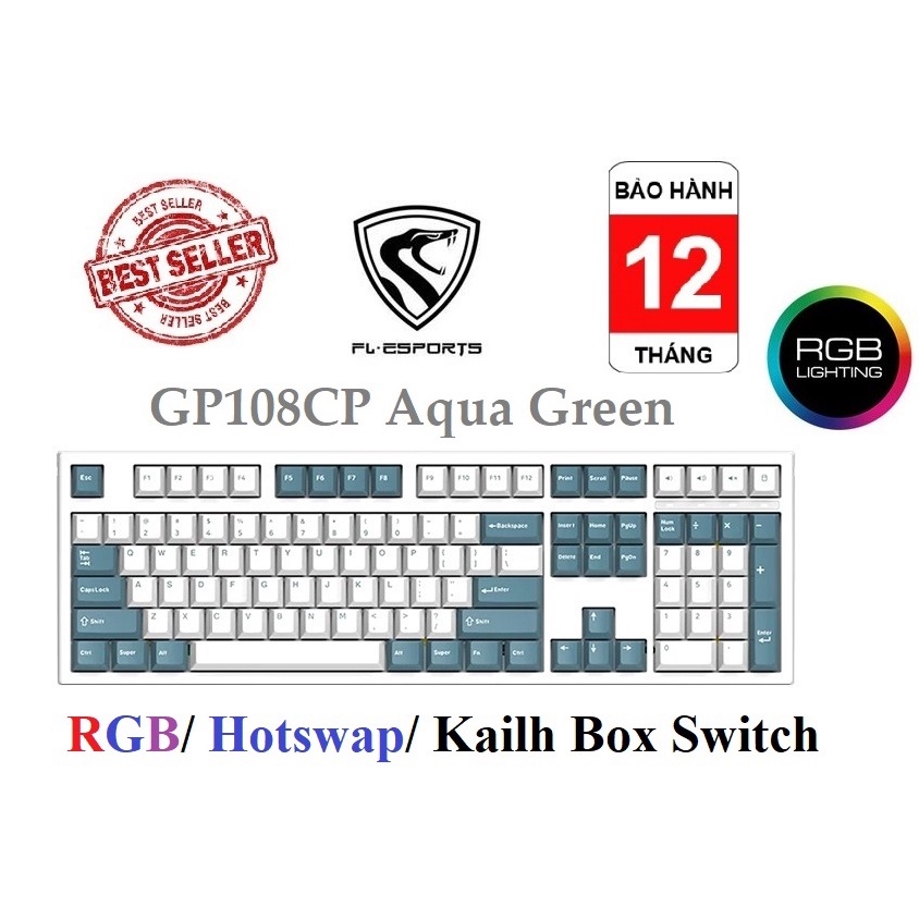 Phím cơ FL-Esports GP108CP Aqua Green USB/ Kailh Box Switch/ led RGB/ đệm tiêu âm - BH 12 tháng