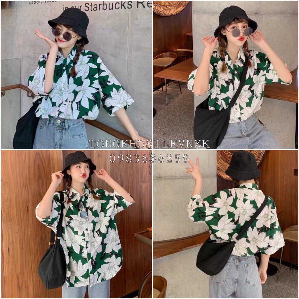 SƠ MI LOANG HOA XANH LÁ - SƠ MI HOA XANH TRẮNG ULZZANG