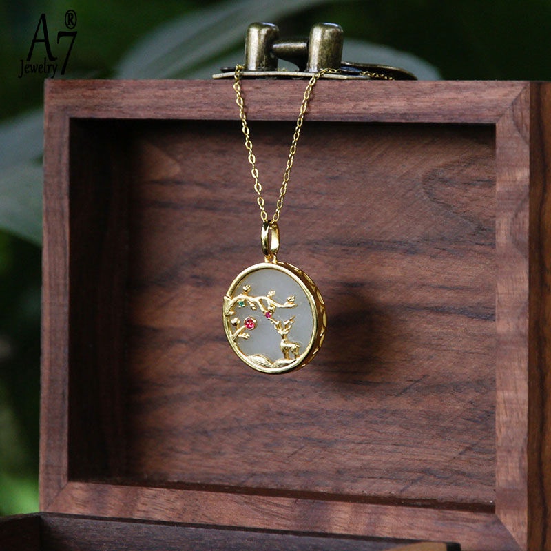 Vòng cổ Bạc S925 Mặt Ngọc Bích Trắng Vàng 18K Hình Hươu Chống Nước