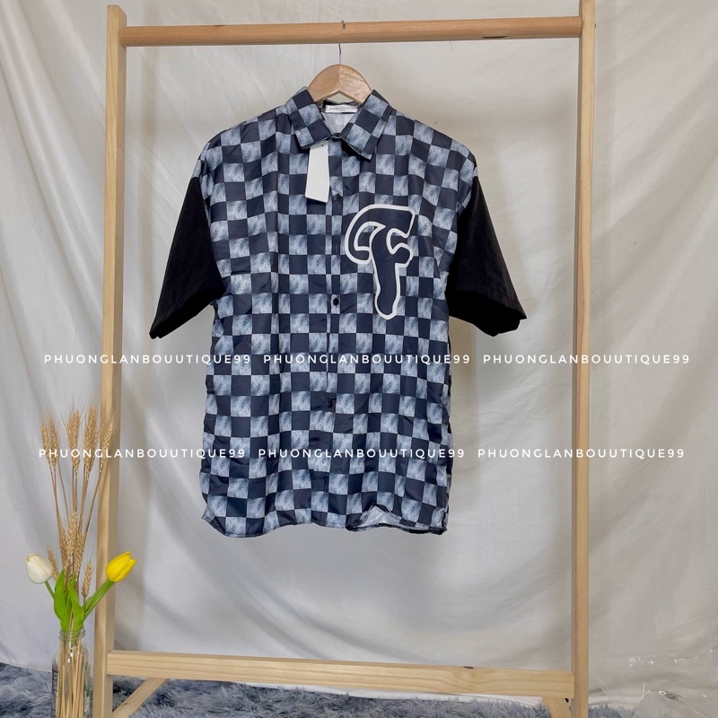 Áo sơ mi 🌸 Áo cổ bẻ form rộng unisex cộc tay bàn cờ chữ F phong cách Hàn Quốc Ulzzang PHULA nữ