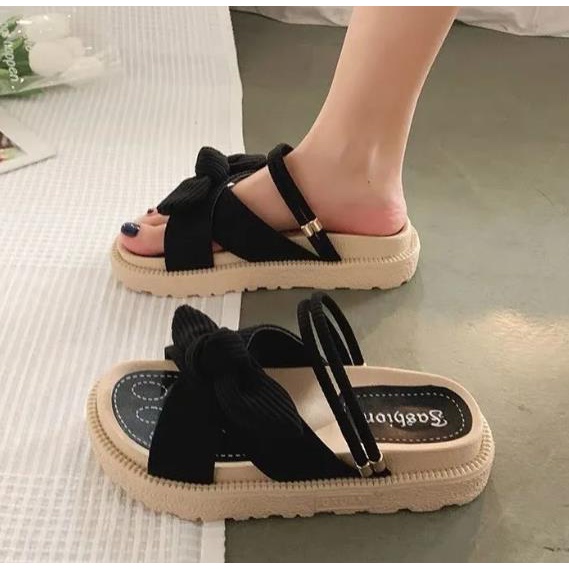 Giày Sandal Đế Bằng Chống Trượt Đính Nơ Thời Trang
