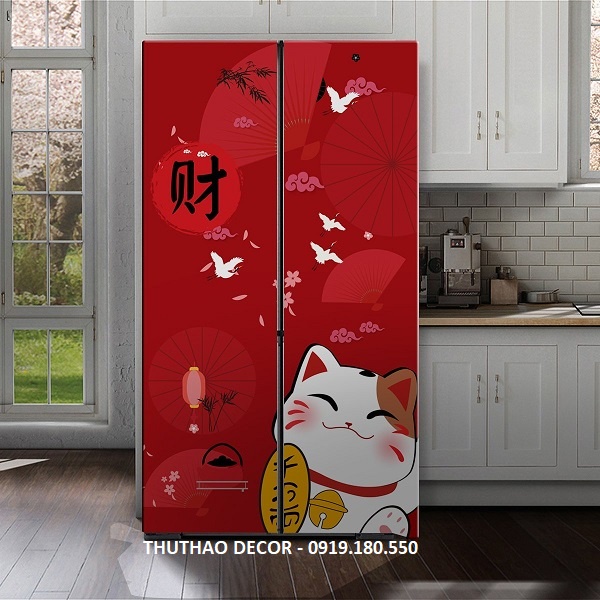 Decal Dán Tủ Lạnh MÈO THẦN TÀI (Đỏ) - Nội thất trang trí