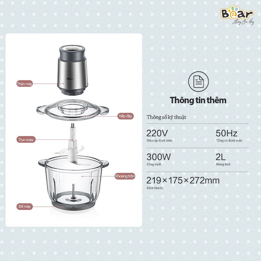 [Bear Chính Hãng]Máy xay đa năng Bear 2L QSJ-B03Y7 màu xám. công suất 300W, dung tích 2L bằng Inox 304, cối thủy tinh