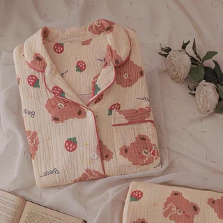 Set pyjama chất muslin hình gấu dâu cute