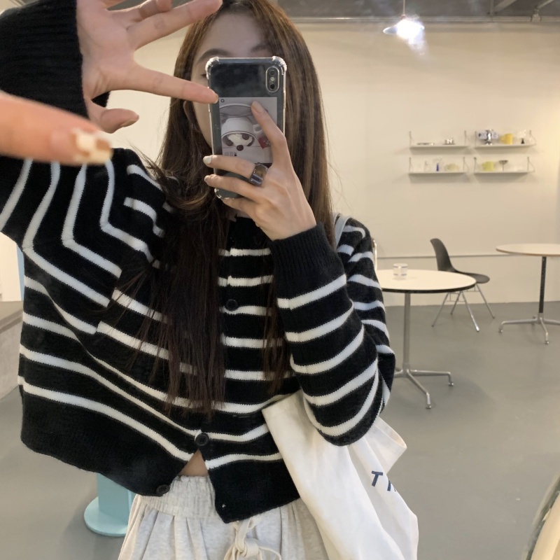 Áo khoác len cardigan ZHELIHANGFEI tay dài họa tiết kẻ sọc ngang phong cách retro dễ phối đồ