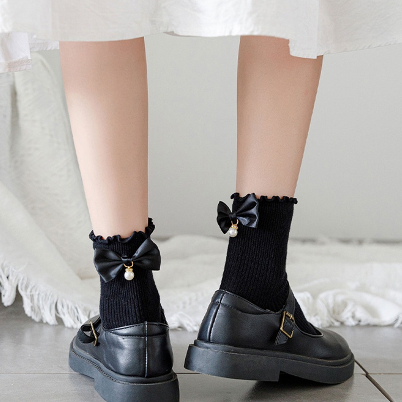 Vớ Cotton Cổ Cao Đính Nơ Phối Bèo Nhún Phong Cách Lolita Cho Nữ