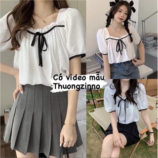 Áo sơ mi kiểu voan bèo nhún ngực tay bồng cổ thắt nơ đen