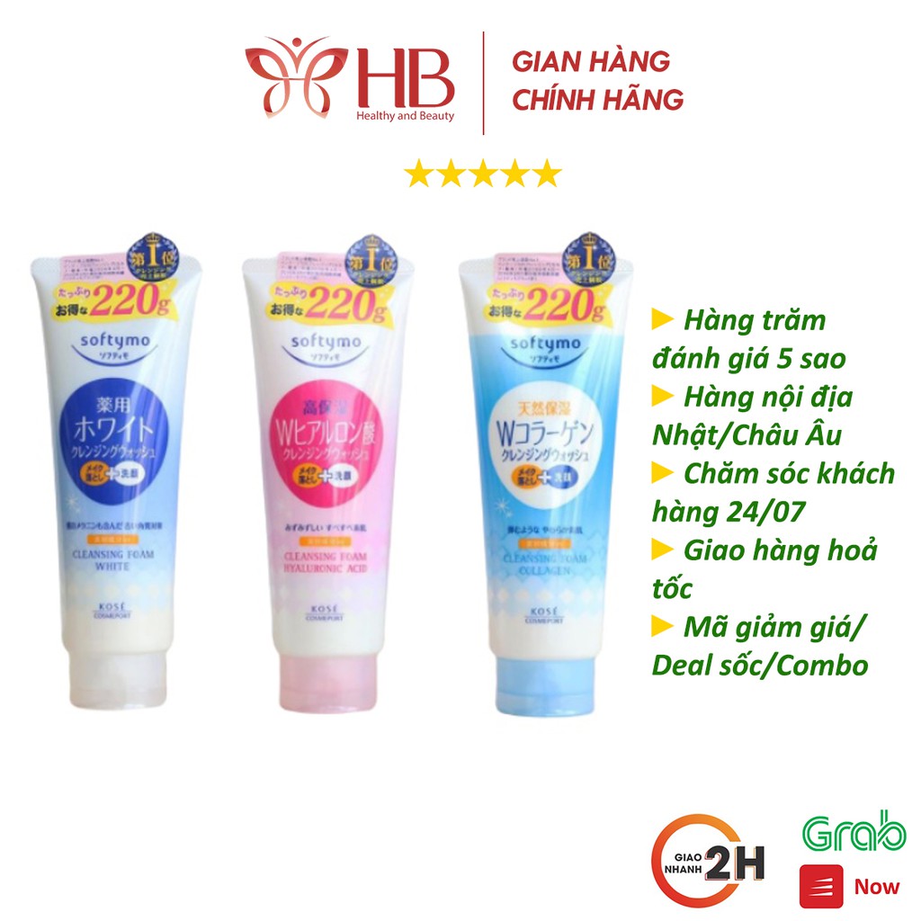 Sữa rửa mặt Kose Softymo nội địa Nhật Collagen White Hyaluronic 220g phù hợp mọi loại da