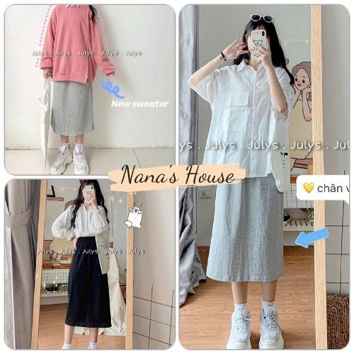 Chân Váy Thun Trơn 2 Màu Đen | Ghi 🎁 Nana's House - FREESHIP 🎁 Chân váy nữ chất thun cạp chun dáng dài