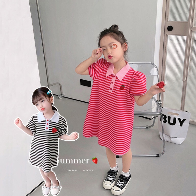 Đầm Thun Ngắn Tay Dáng Rộng Họa Tiết Kẻ Sọc Xinh Xắn Cho Bé Gái
