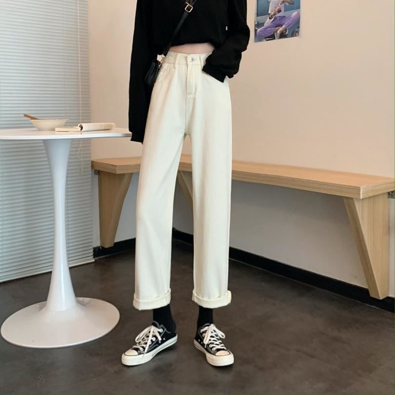 Quần Denim Ống Rộng Lưng Cao Thời Trang Hàn Quốc