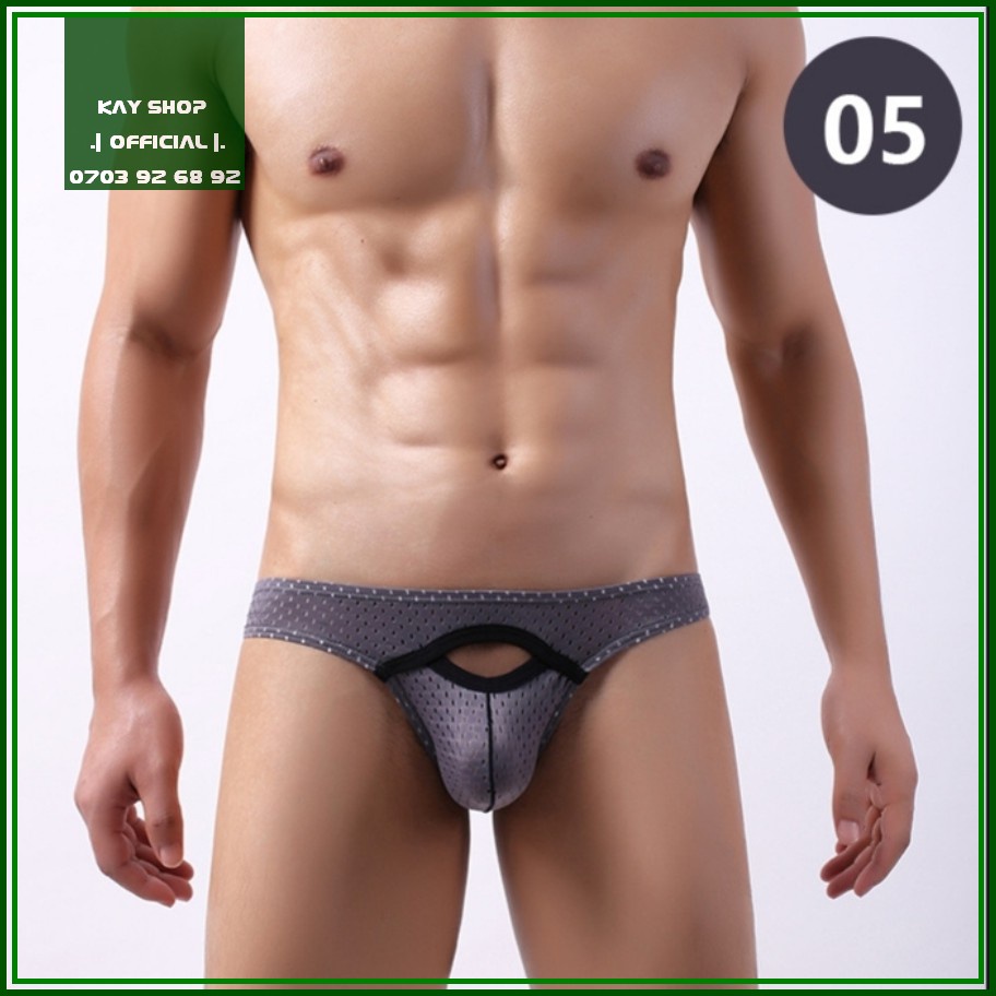 Quần lót nam tam giác thun cotton đục lỗ thông hơi mát cutout độc đáo - Quần sịp nam tôn mông gợi cảm quyến rũ