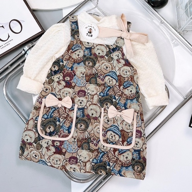 Đồ bộ bé gái, Set váy yếm dạ gấu nơ và áo dài tay cổ lọ thấp chất xốp mềm mịn dễ thương cho bé từ 7 đến 18 kg, SUN KID'S