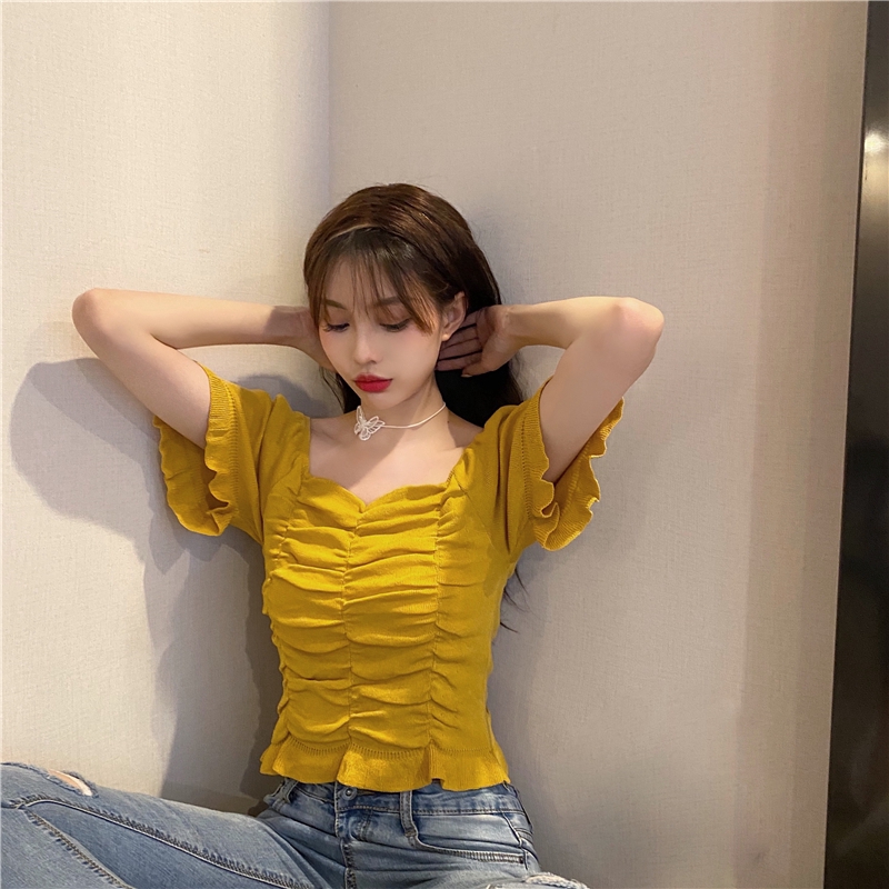 IELGY    Áo Thun Dệt Kim Ngắn Tay Hở Rốn Ôm Dáng Xếp Ly 7 Màu Sắc Tùy Chọn Cho Nữ