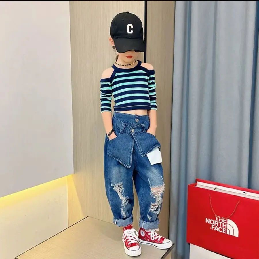 Gmn Set Áo Thun Tay Dài Hở Vai Phối Quần Jean Rách Thời Trang Mùa Thu Cho Bé Gái