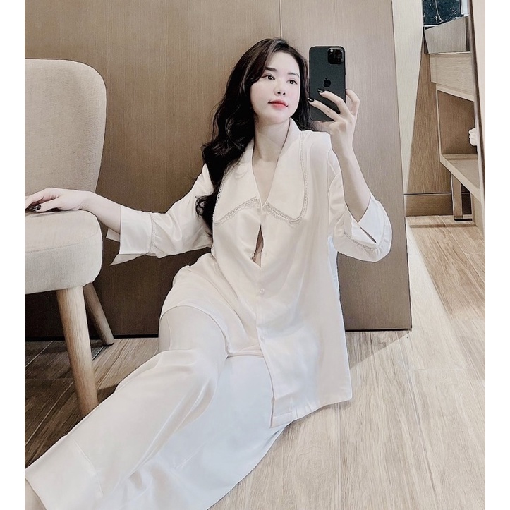 Bộ đồ ngủ cổ bèo viền vải xước trắng xinh 🌸