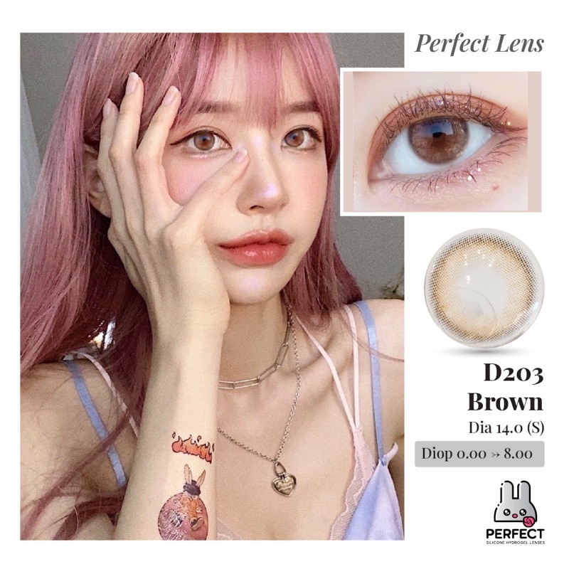 Lens Mắt , Kính Áp Tròng D203 BROWN Có Độ Cận và Không Độ , DIA 14.0 , Cho Mắt Nhạy Cảm Giá Sale