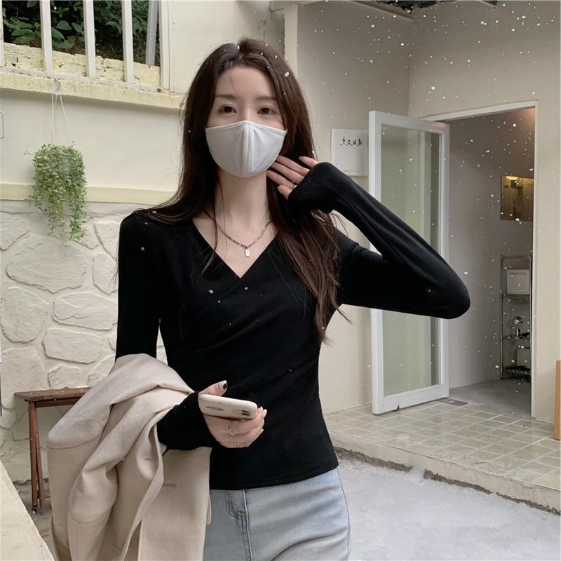 SUXI Áo Thun Tay Dài Cổ Chữ V Màu Sắc Đơn Giản Phong Cách Hàn Quốc