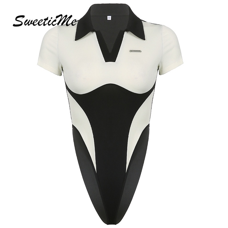 Sweeticme Bộ Áo Liền Quần Tay Ngắn Dáng Ôm Phối Màu Tương Phản Thời Trang Quyến Rũ Cho Nữ 2022