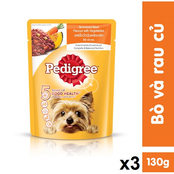 [Mã PETMARSHOT giảm 8% tối đa 40k đơn 250k] Bộ 3 túi thức ăn cho chó lớn dạng sốt Pedigree vị bò và rau củ 130g