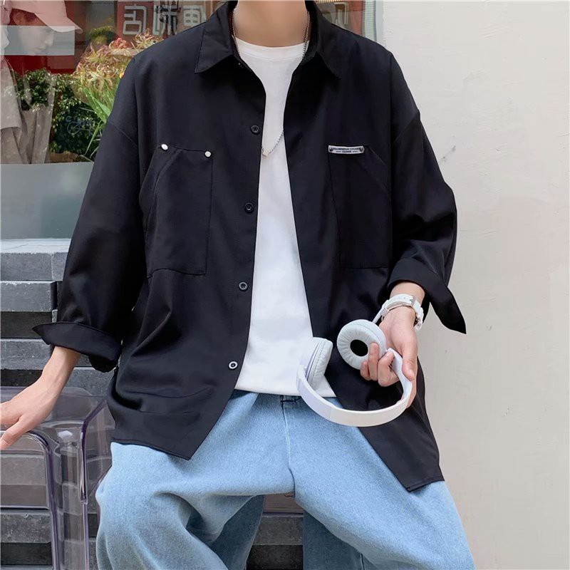 Male Loose and Leisure New Seven Minutes Sleeve Shirt INS Hong Kong Wind Pure Pigment Surface Shirt Korean Version Trend All-match Summer Thin Coat Short Sleeve