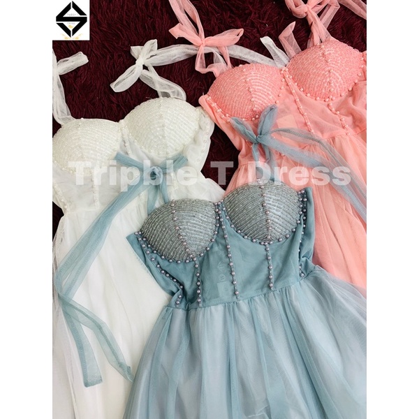 Đầm dự tiệc công chúa 2 dây thắt nơ vai kết cườm ngực TRIPBLE T DRESS -size M/L - MS278V