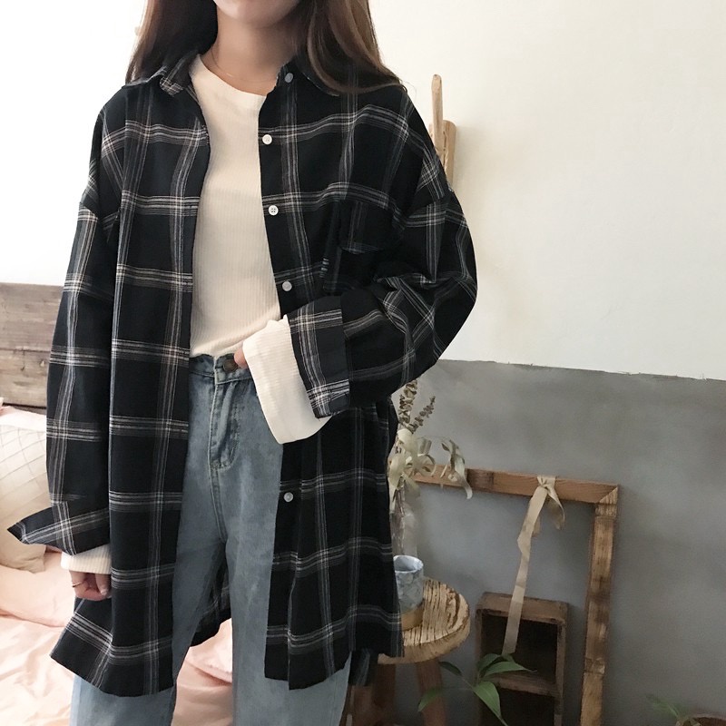 Áo Sơ Mi Tay Dài Dáng Rộng Kẻ Sọc Caro Cổ Điển Thời Trang Cho Nữ