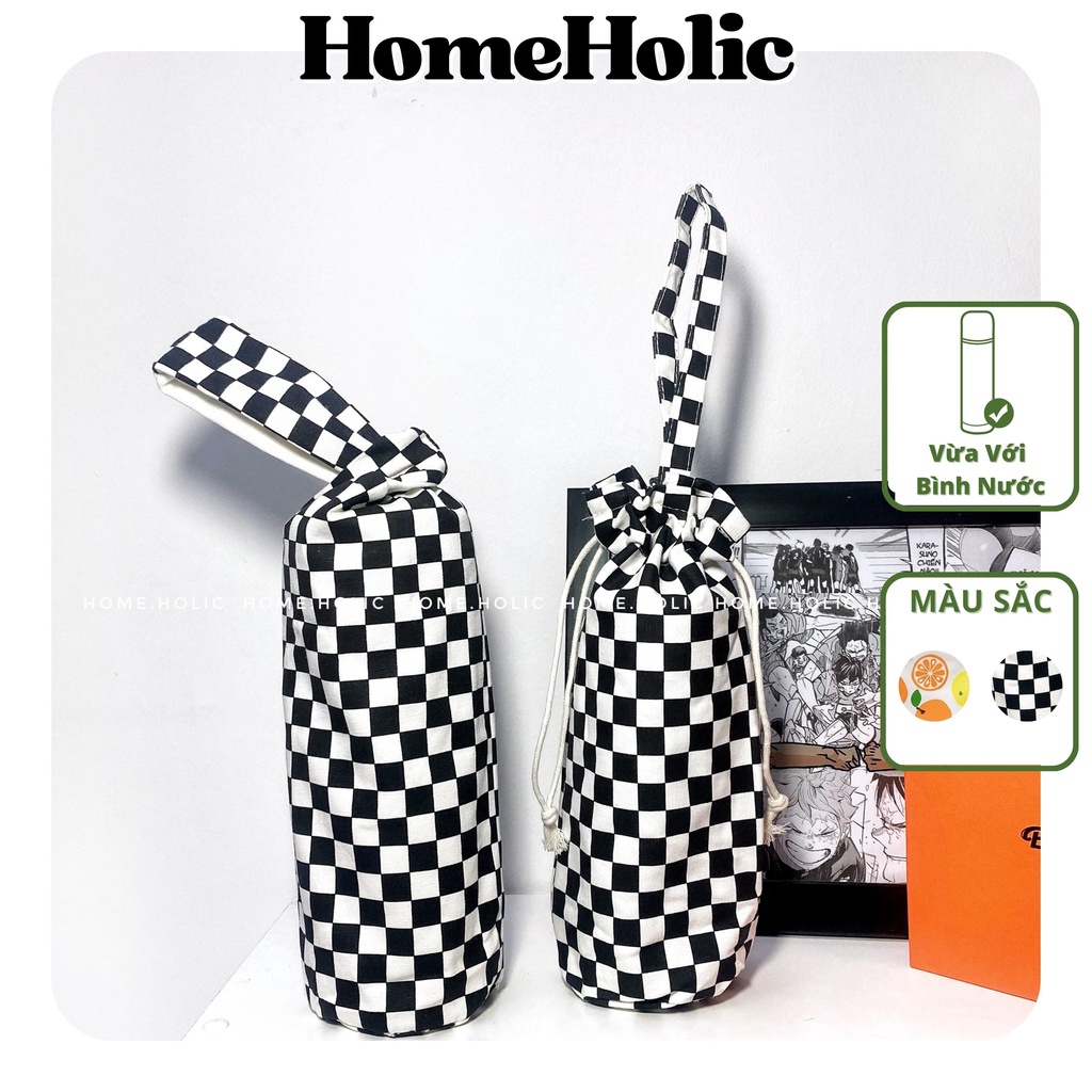Túi Vải Quai Xách/ Dây Rút Bình Nước Giữ Nhiệt Bằng Vải Hoạ Tiết Caro Trái Cam Trắng Đen Lạ Mắt 500ml Home Holic
