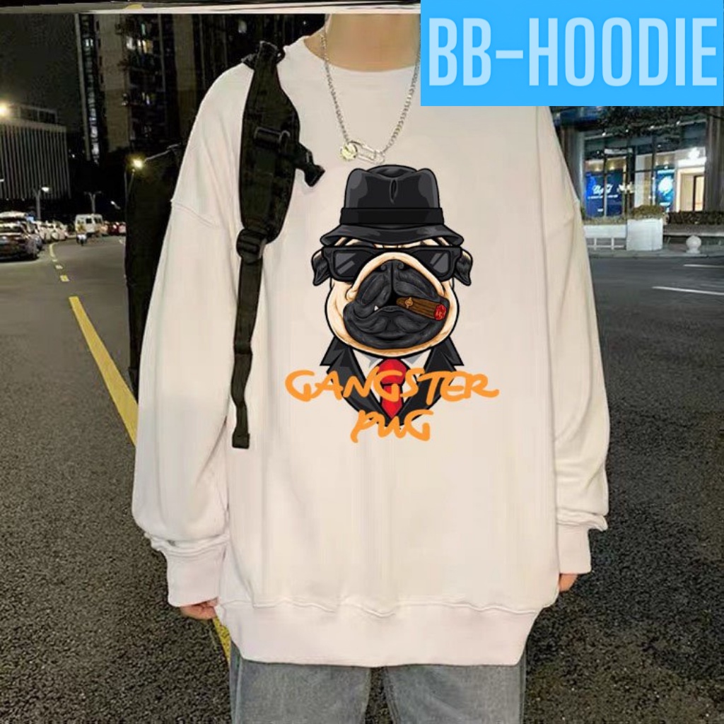 Áo sweater nỉ unisex in gangster pug cực ngầu chất vải nỉ poly dày dặn